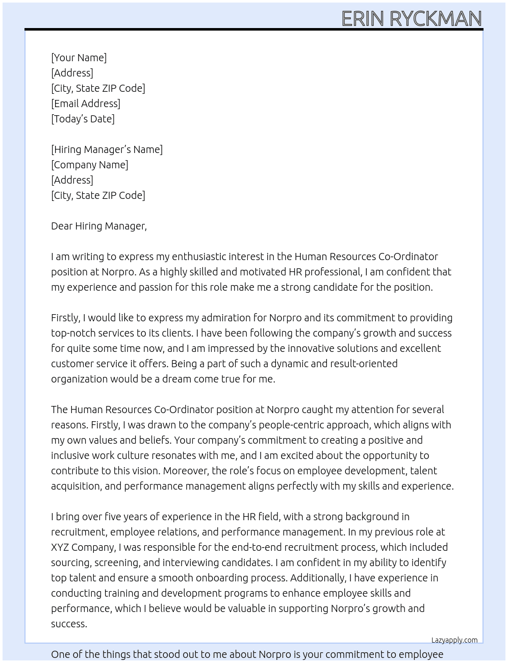 Human Resources Co-Ordinator At Norpro Cover Letter