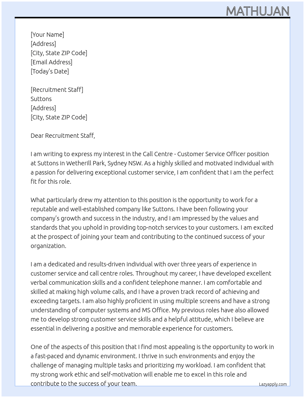 Call Centre - Customer Service Officer At Suttons Cover Letter