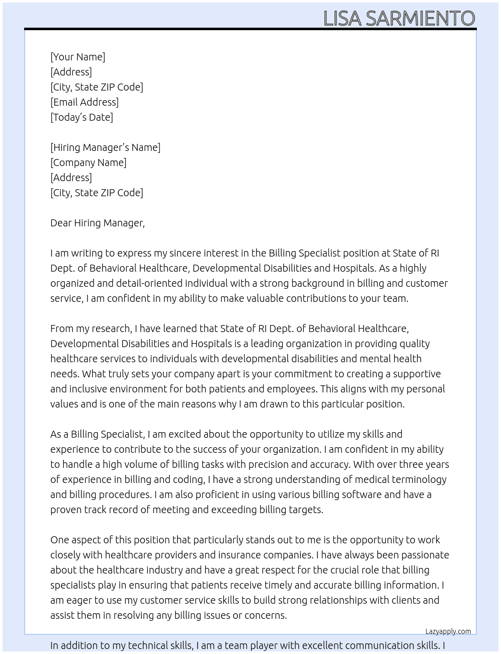 Billing Specialist At State of RI Dept. of Behavioral Healthcare, Developmental Disabilities and Hospitals Cover Letter