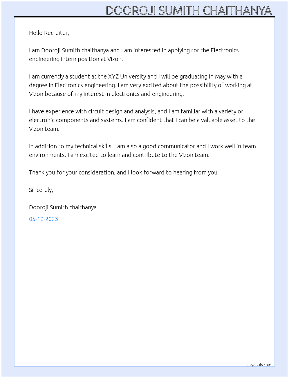Electronics engineering intern At Vizon Cover Letter