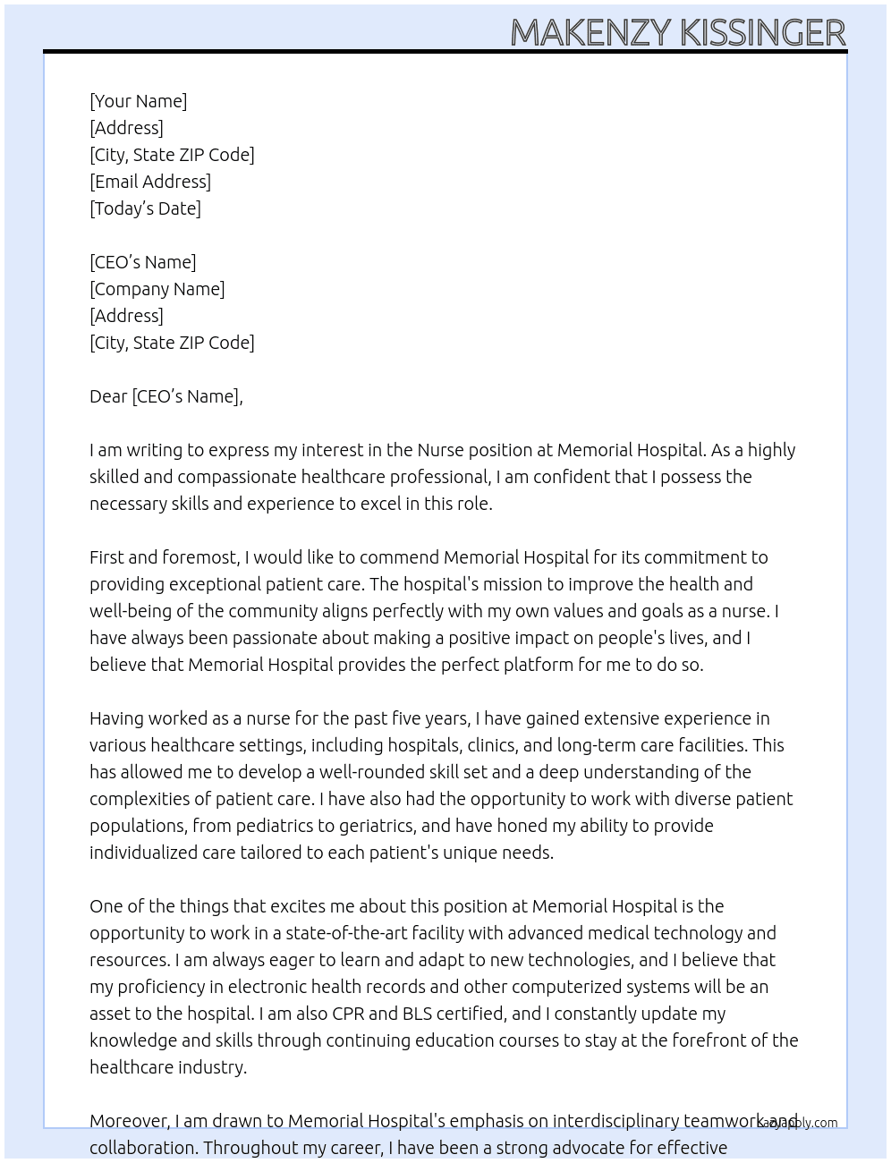 Nurse At Memorial Hospital Cover Letter
