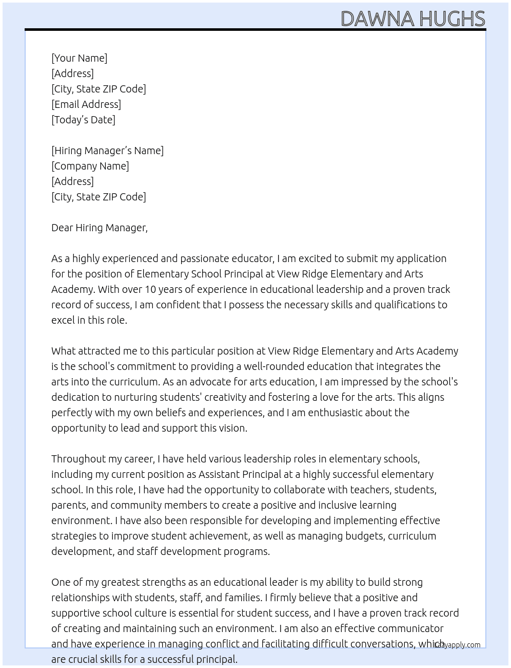 Elementary School Principal At View Ridge Elementary and Arts Academy Cover Letter