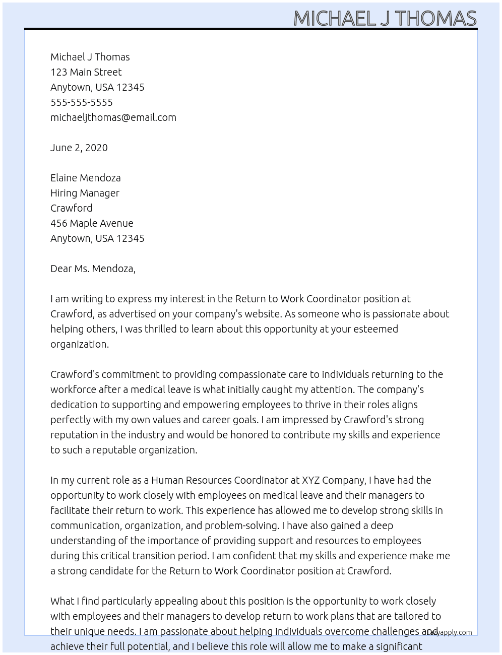 Return to Work Coordinator  At Crawford  Cover Letter
