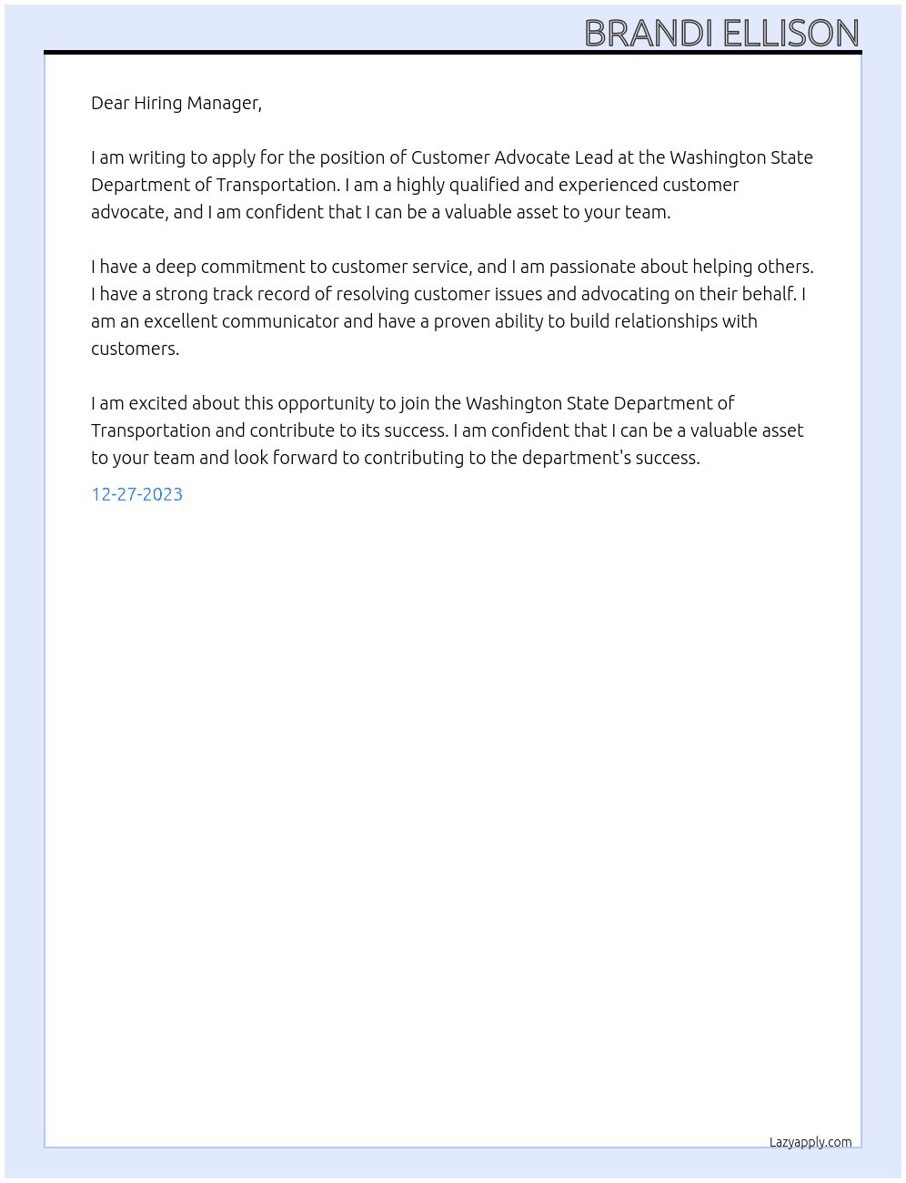 Customer Advocate Lead At Washinton State Department of Transportation  Cover Letter