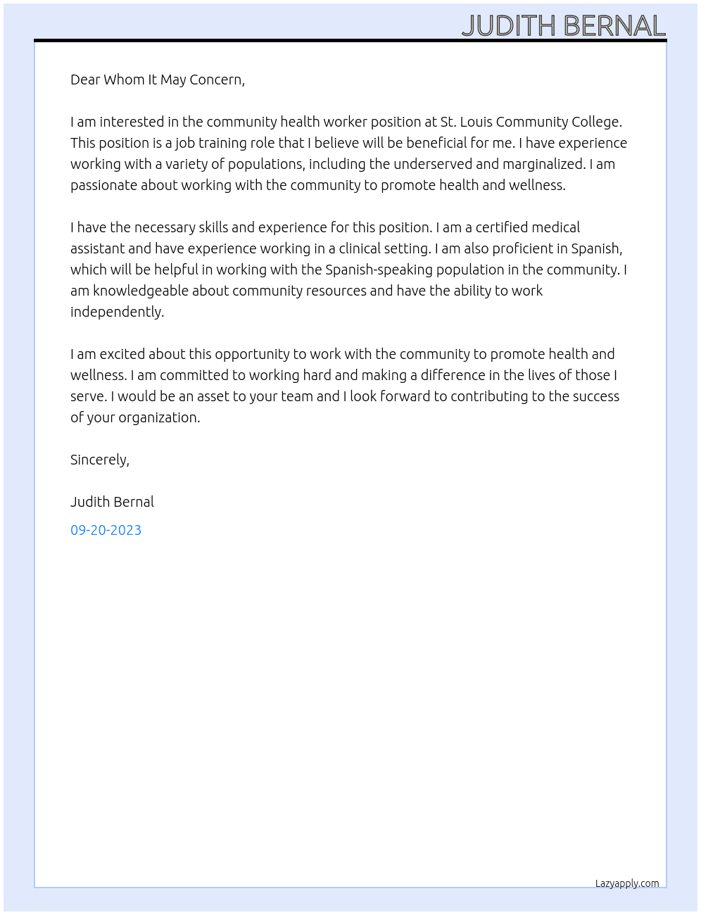 community health worker At St. Louis Community College Cover Letter