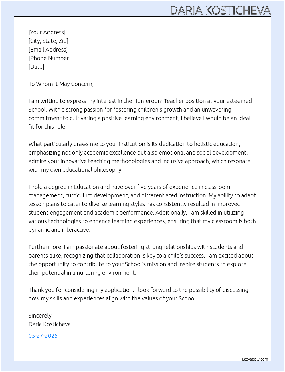 Cover letter for homeroom teacher - LazyApply