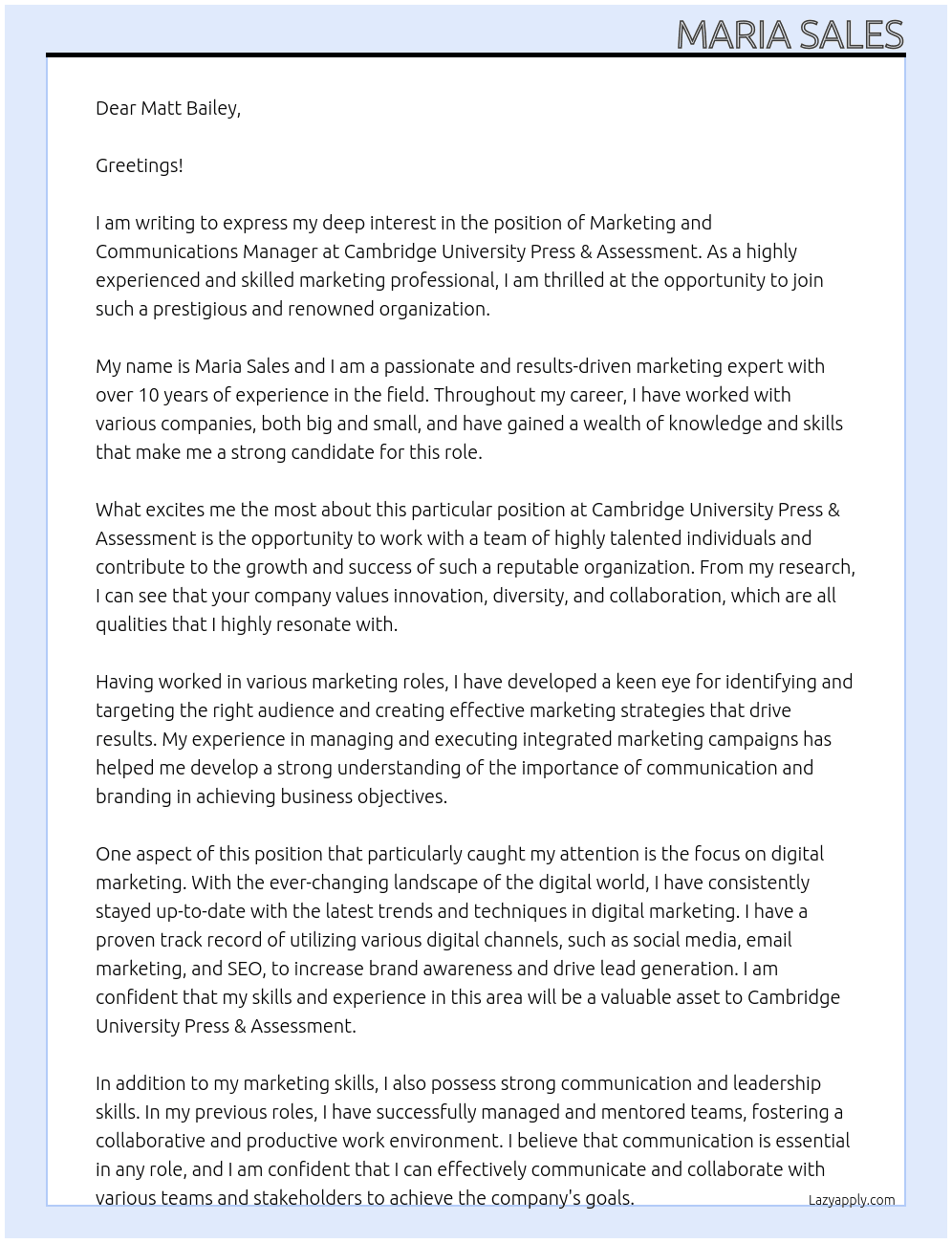 Marketing and Communications Manager At Cambridge University Press & Assessment Cover Letter