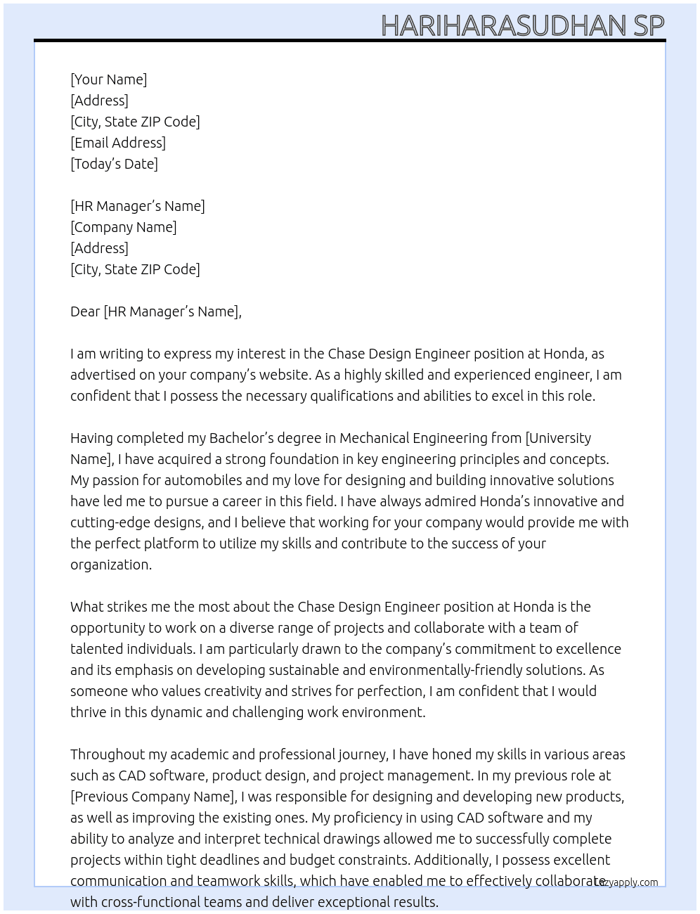 Chase design engineer  At Honda Cover Letter
