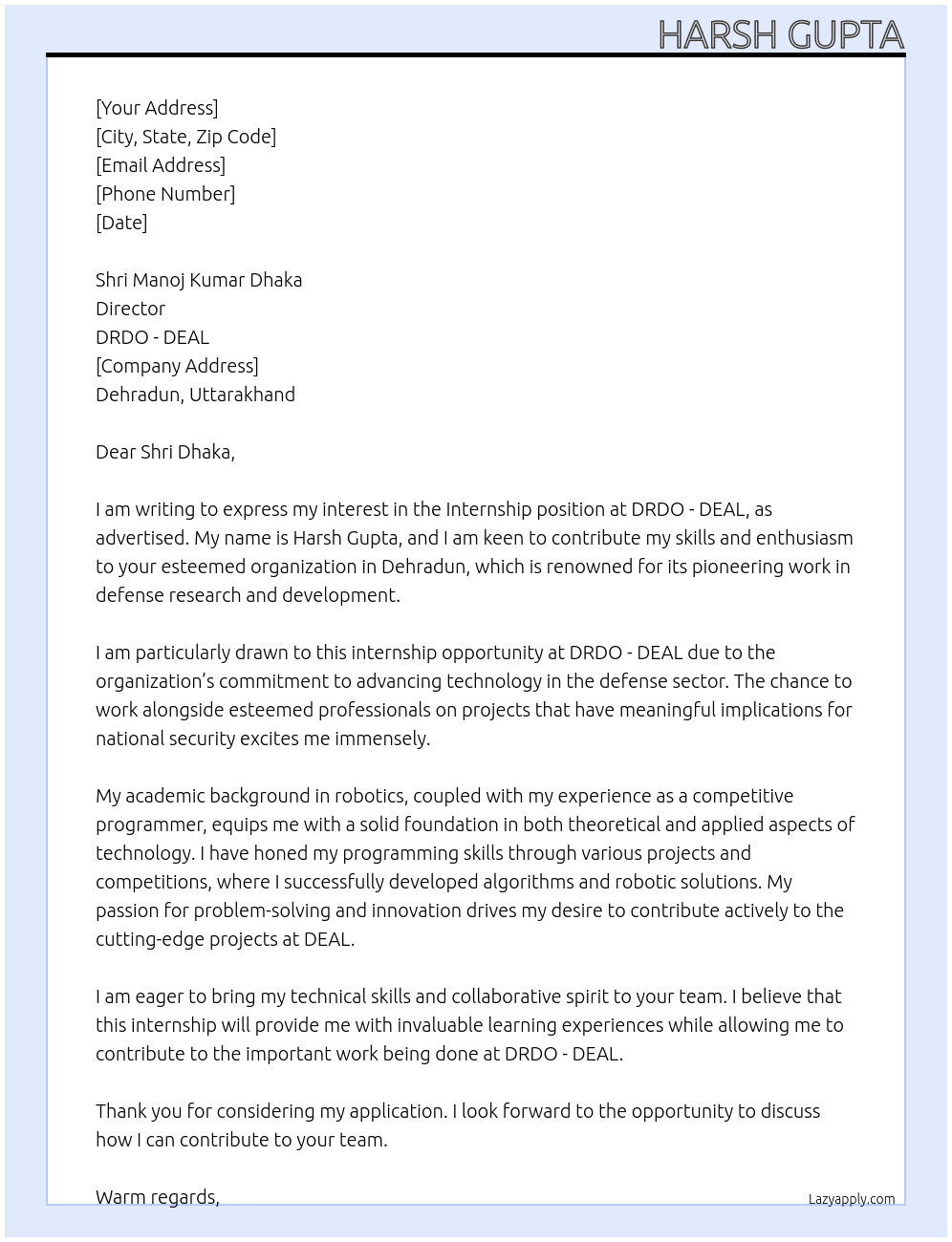 Intern At DRDO - DEAL Cover Letter