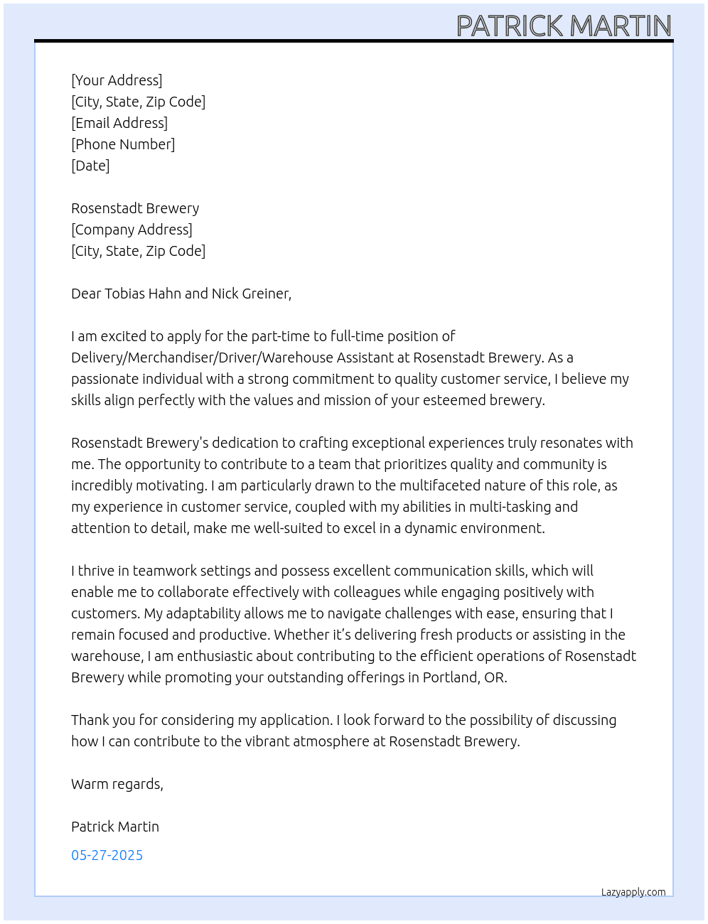 Cover letter for delivery/merchandiser/driver/warehouse assistant - LazyApply