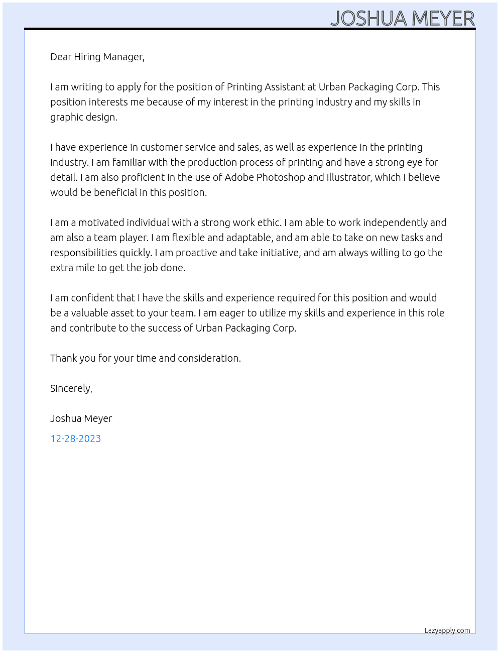 Printing Assistant At Urban Packaging Corp Cover Letter