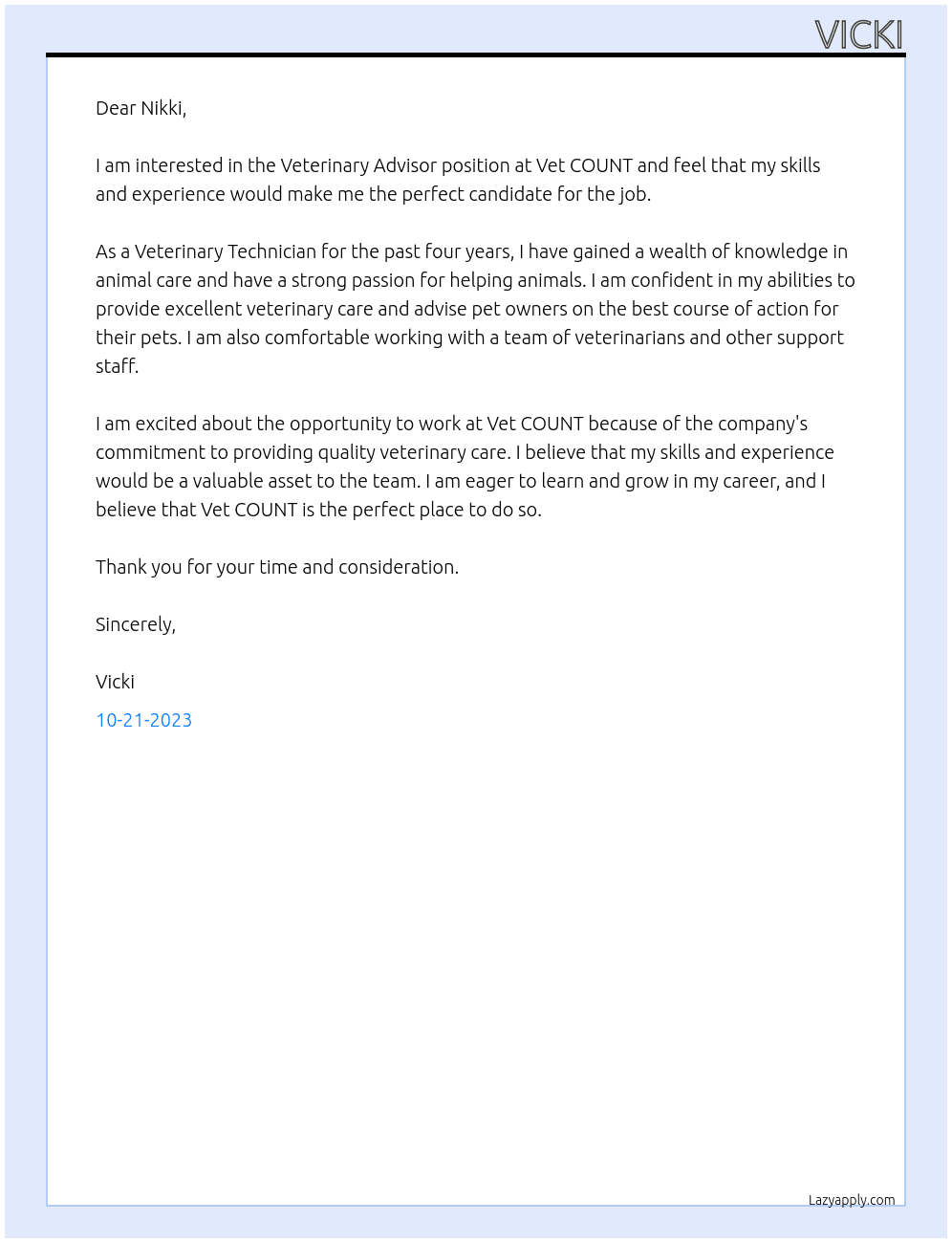 Veterinary advisor At Vet COuntil Cover Letter