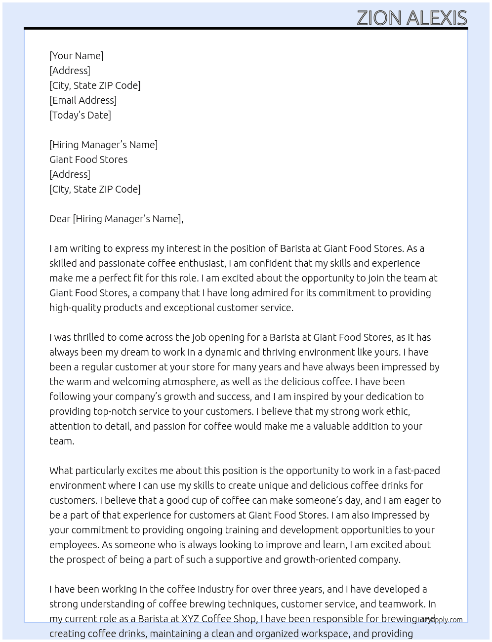 Barista At Giant Food Stores Cover Letter