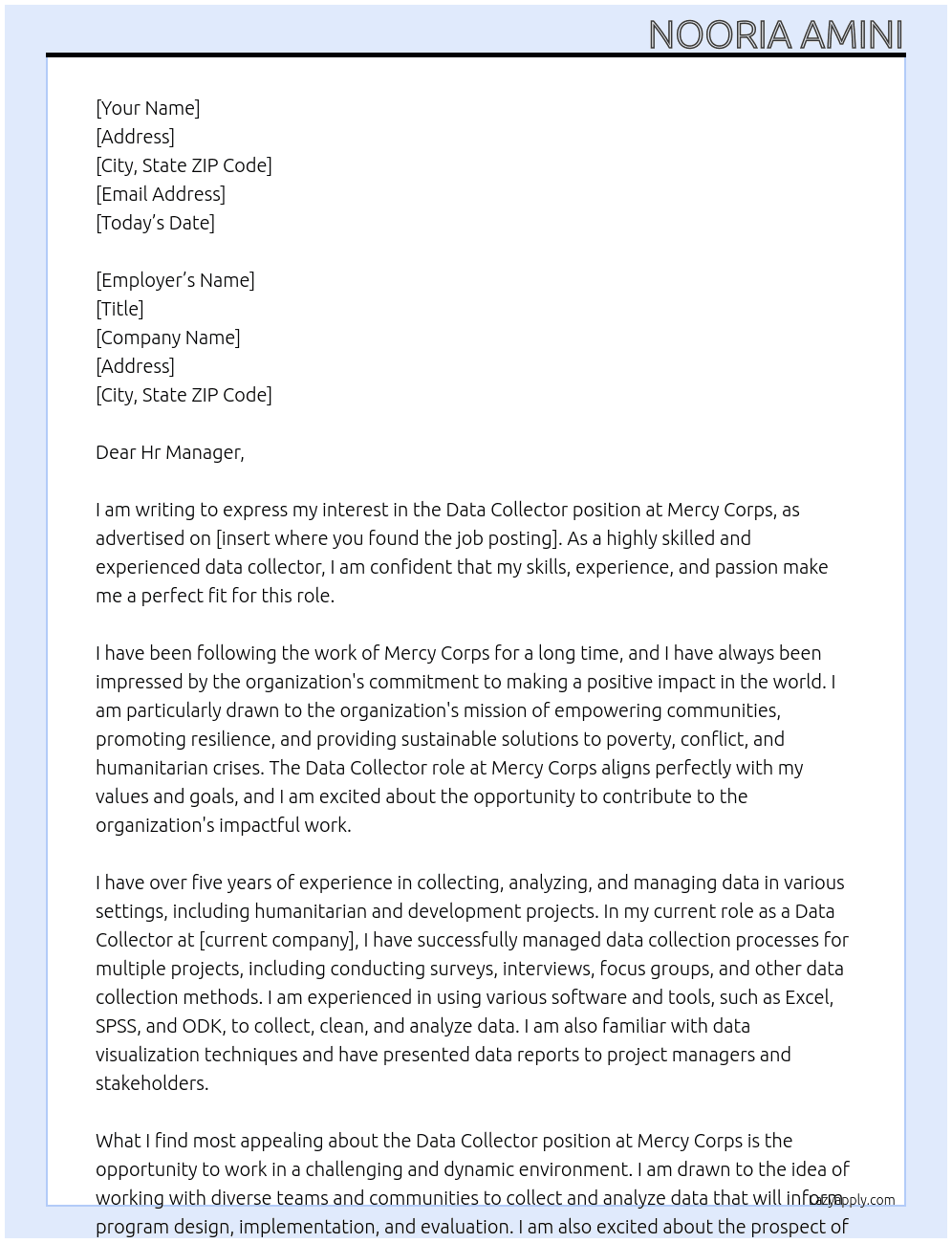 Data Collector At Mercy Corps Cover Letter