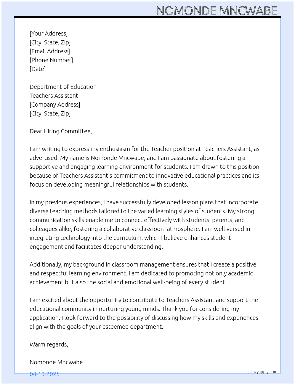 Teacher At Teachers Assistant  Cover Letter