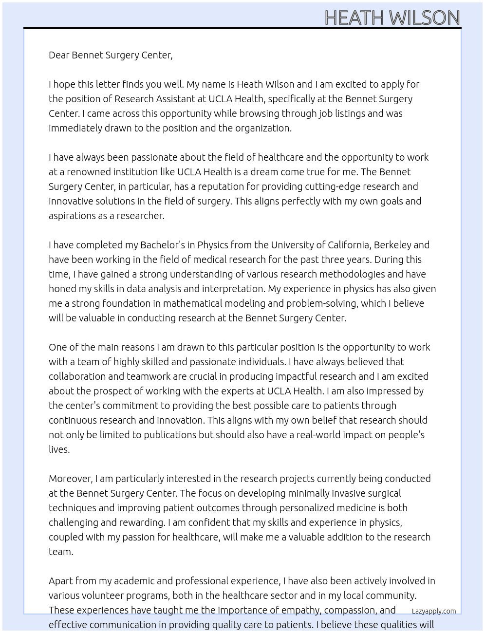 Research Assistant At UCLA Health Cover Letter