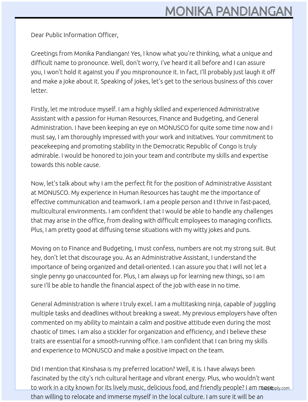 Administrative Assistant At MONUSCO Cover Letter