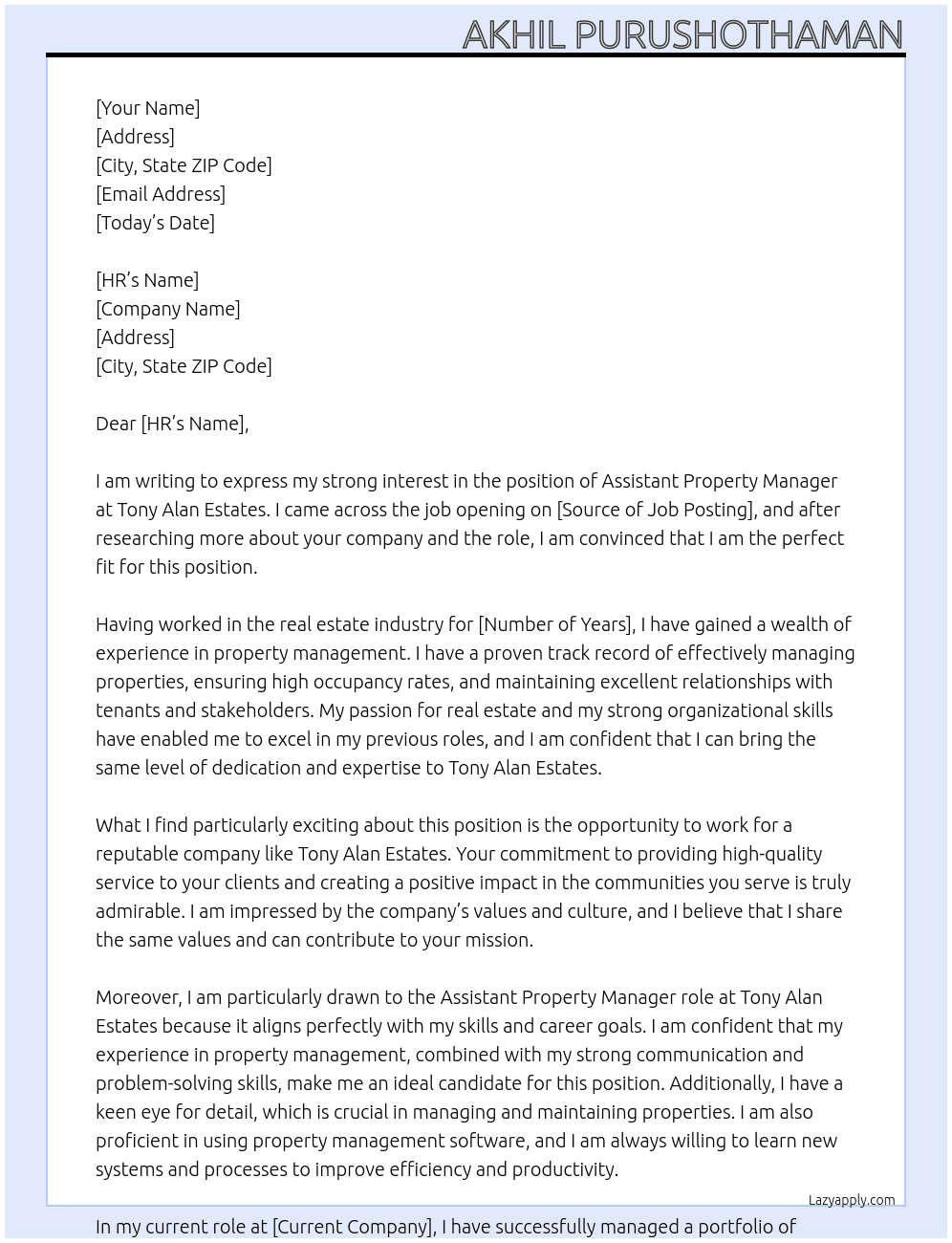 Assistant property manager At Tony Alan Estates Cover Letter