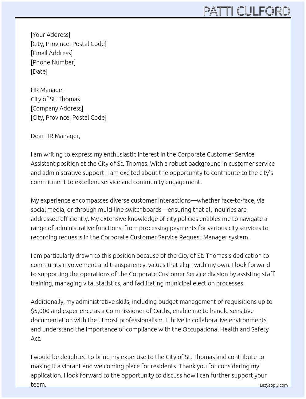 Cover letter for corporate customer service assistant - LazyApply