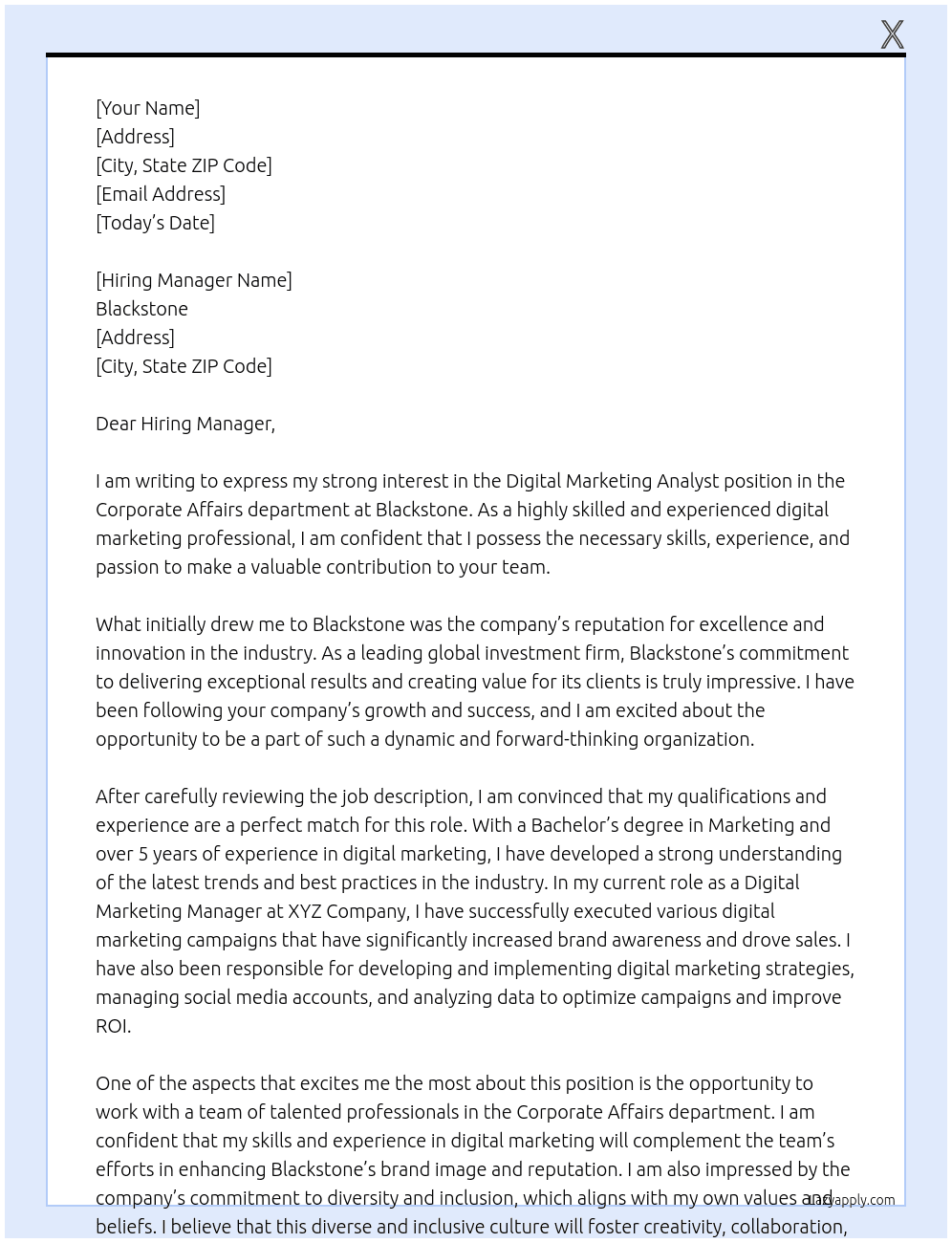 Digital Marketing Analyst - Corporate Affairs At Blackstone Cover Letter