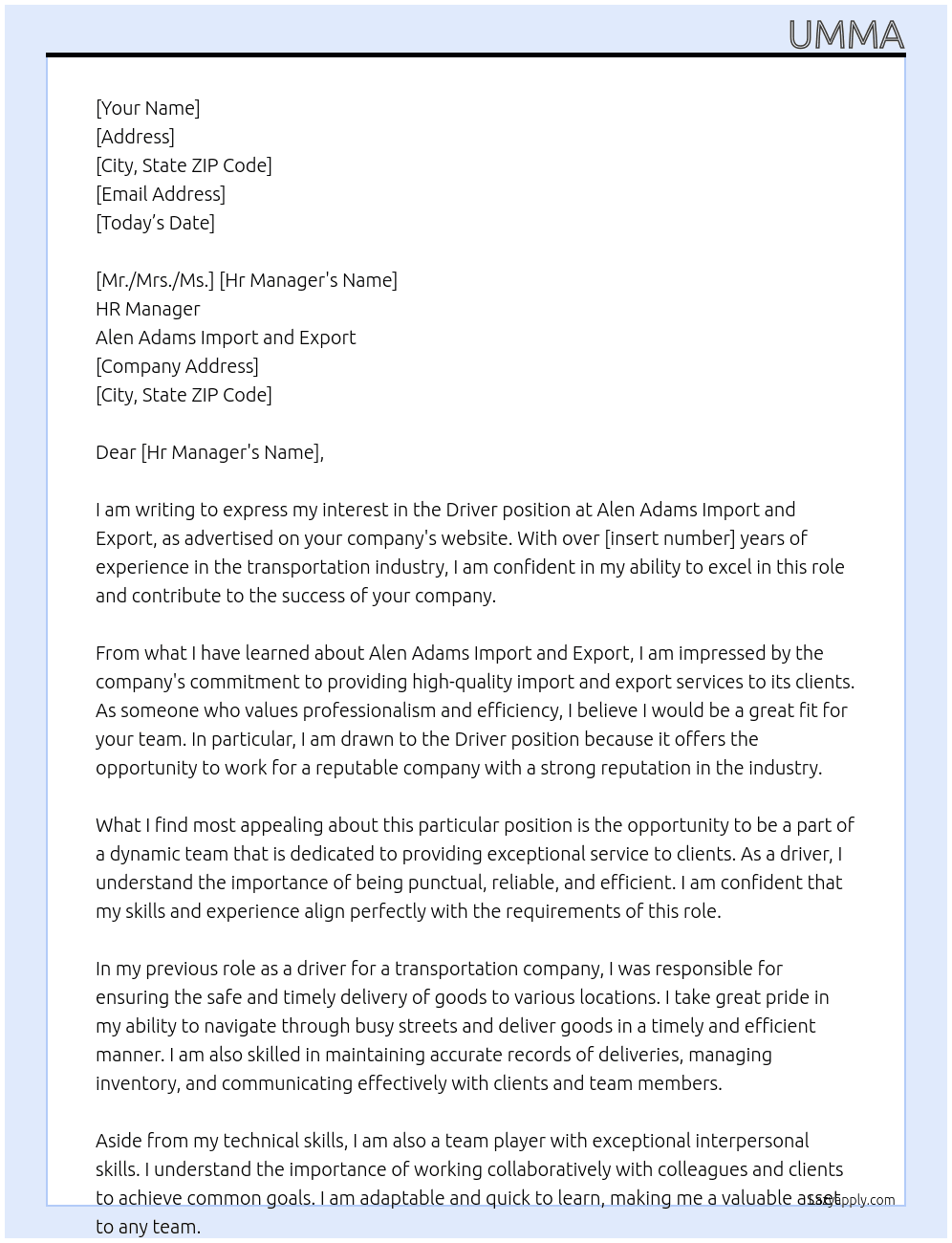 Driver  At Alen admas import and export  Cover Letter