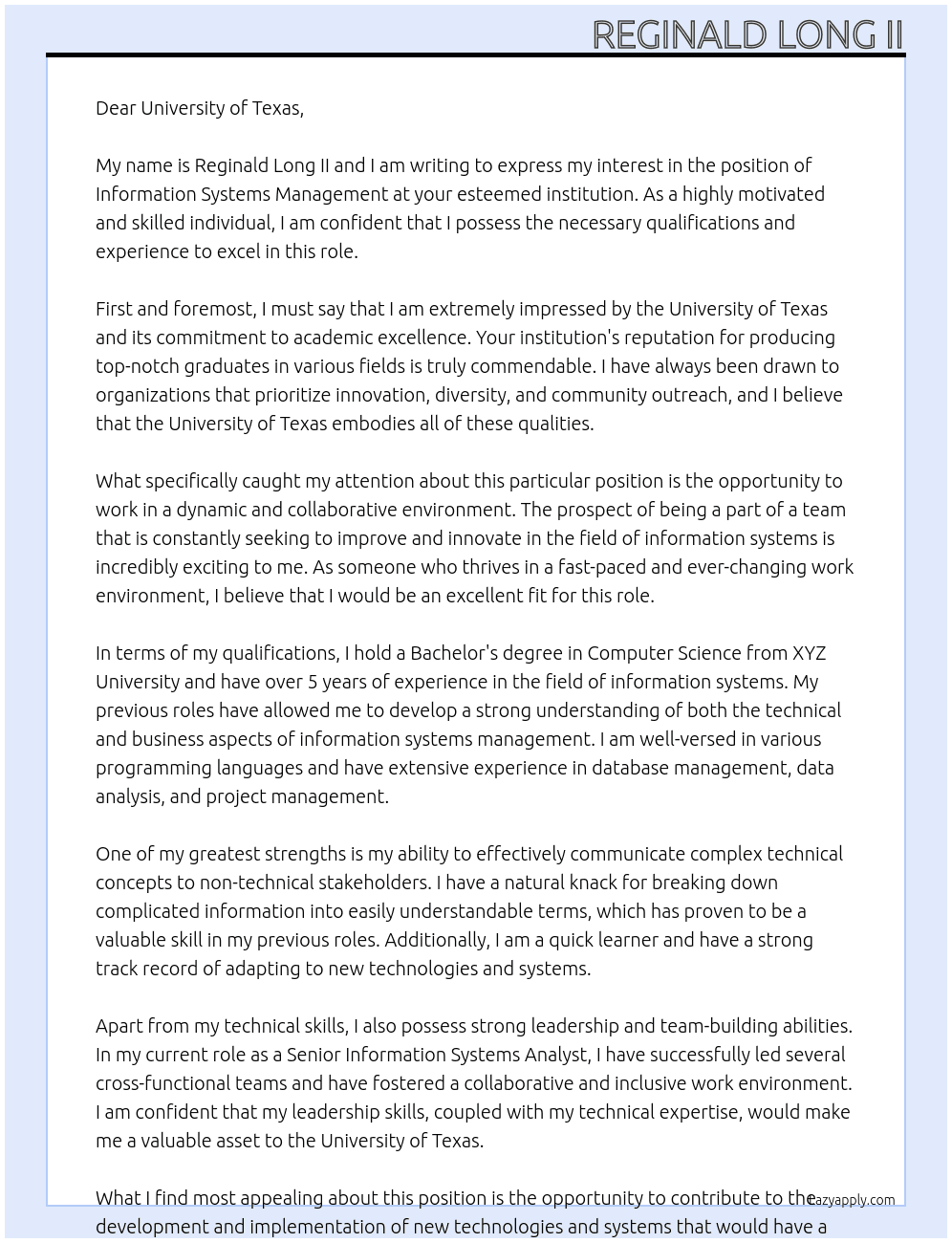 Information Systems Management  At University of Texas Cover Letter