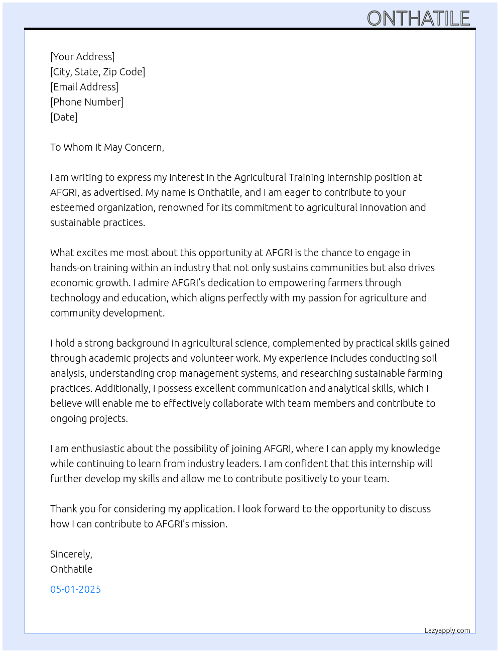 Agricultural training  At AFGRI Cover Letter