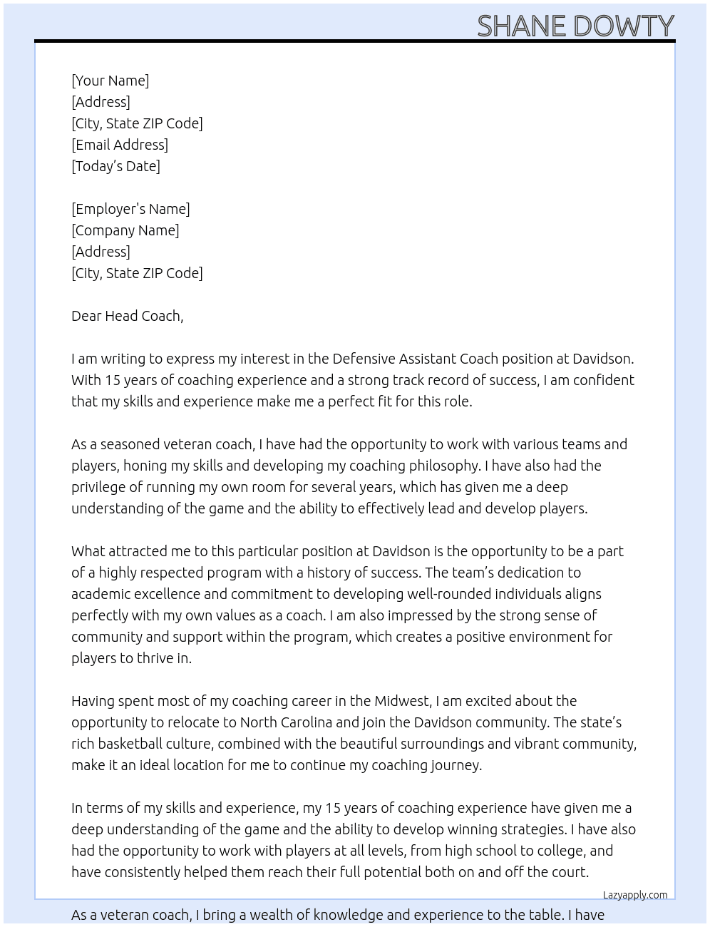 Defensive Assistant Coach At Davidson Cover Letter