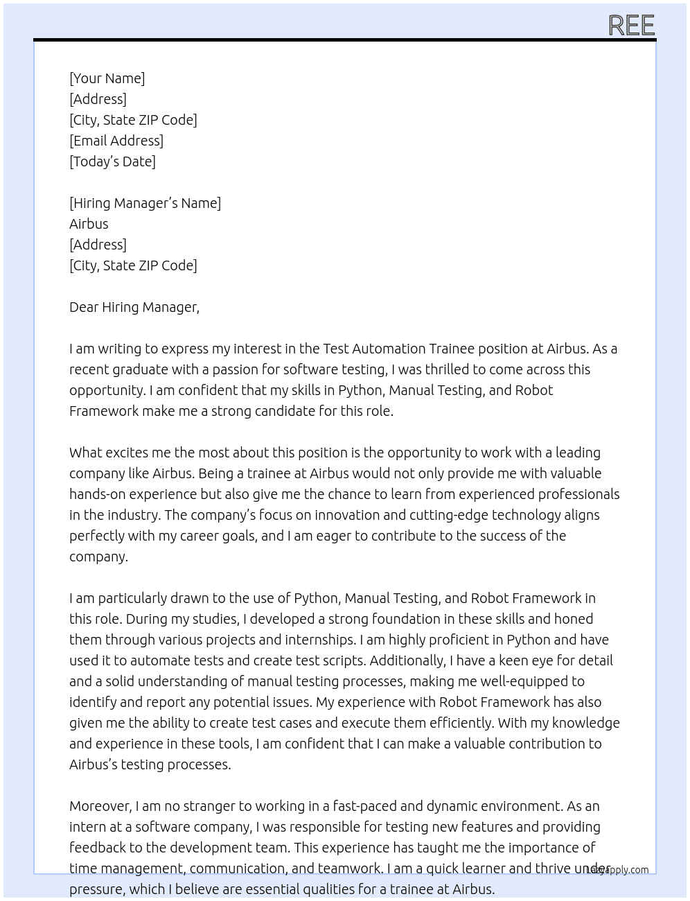 test automation trainee At Airbus Cover Letter