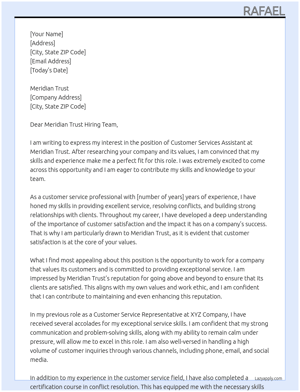 customer services assistant At Meridian trust Cover Letter