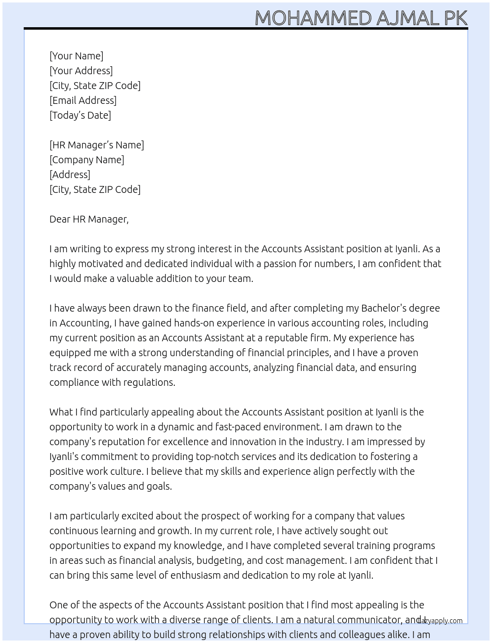Accounts Assistant At Iyanli Cover Letter