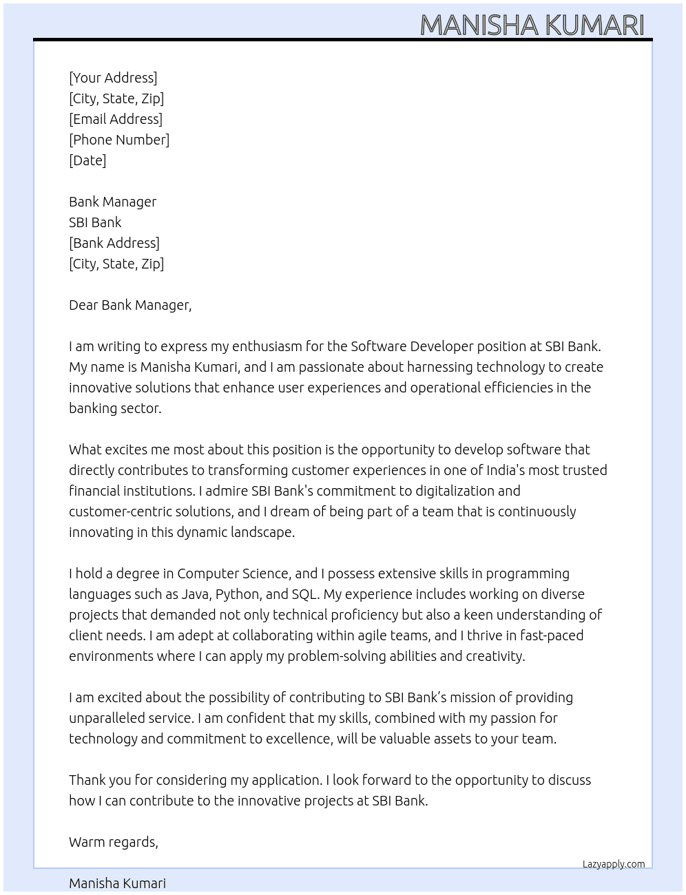 Software developer At SBI Bank Cover Letter