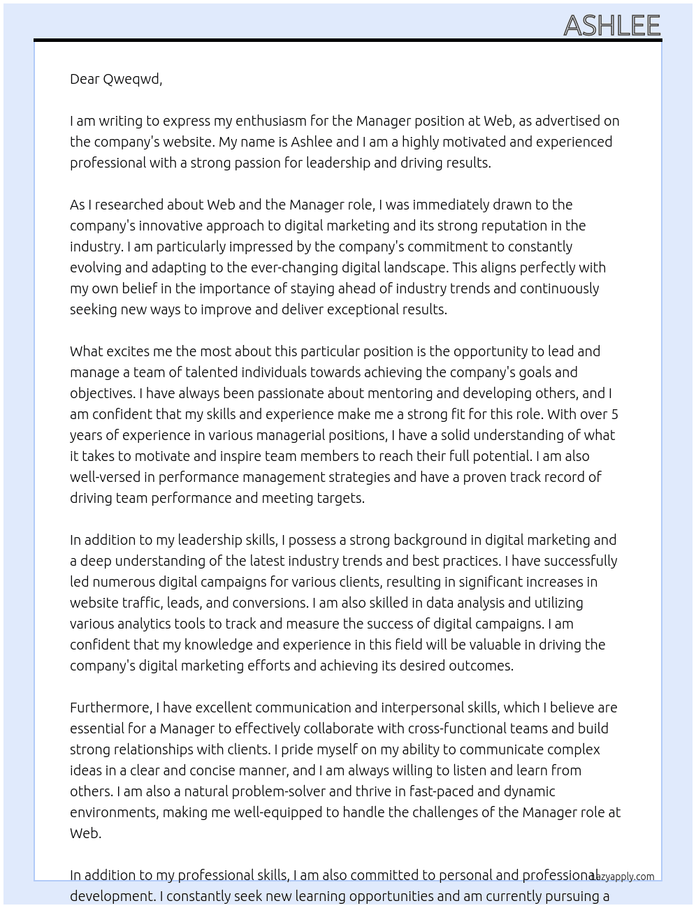 Manager At web Cover Letter