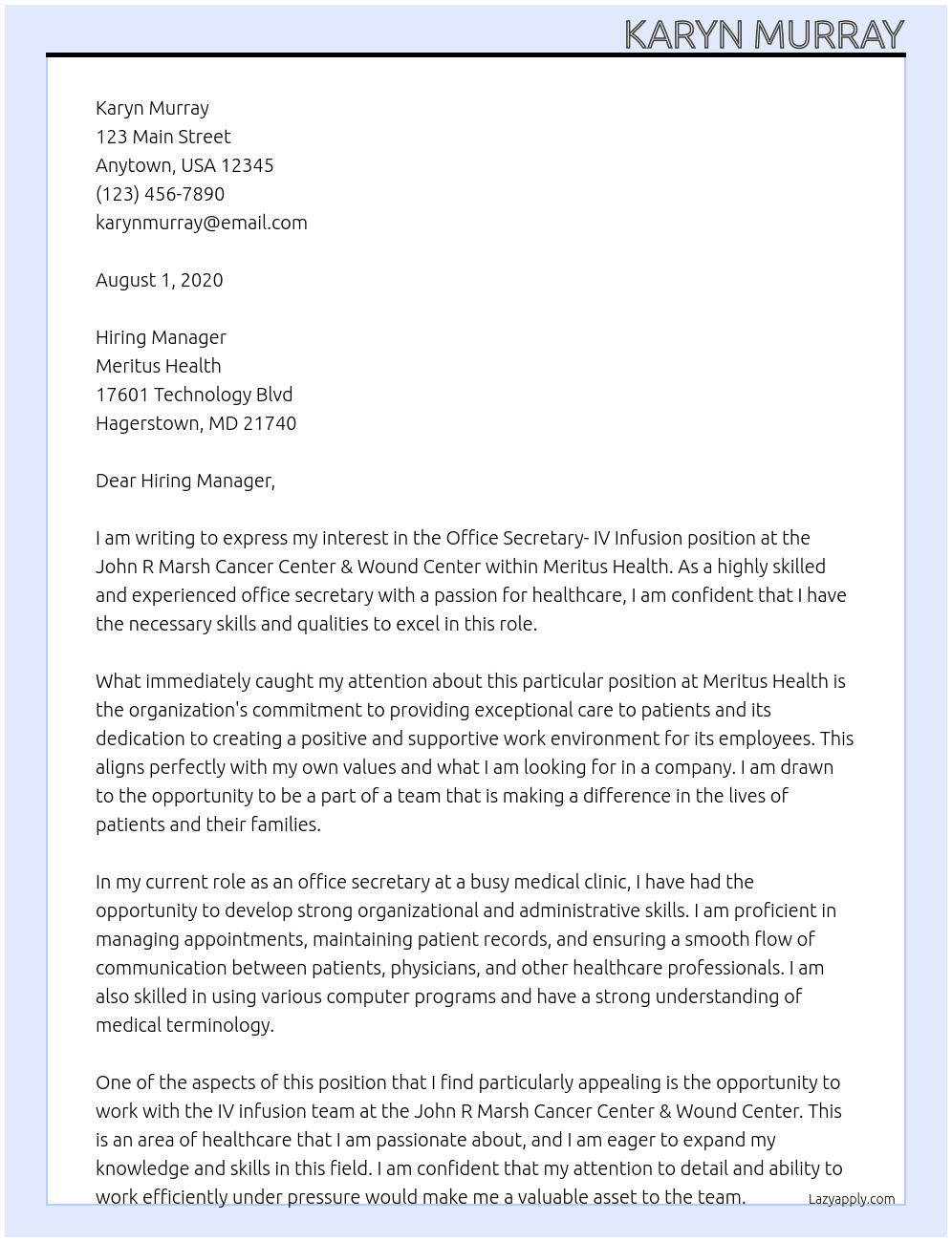 Office Secretary- IV Infusion, John R Marsh Cancer Center & Wound Center At Meritus Health Cover Letter