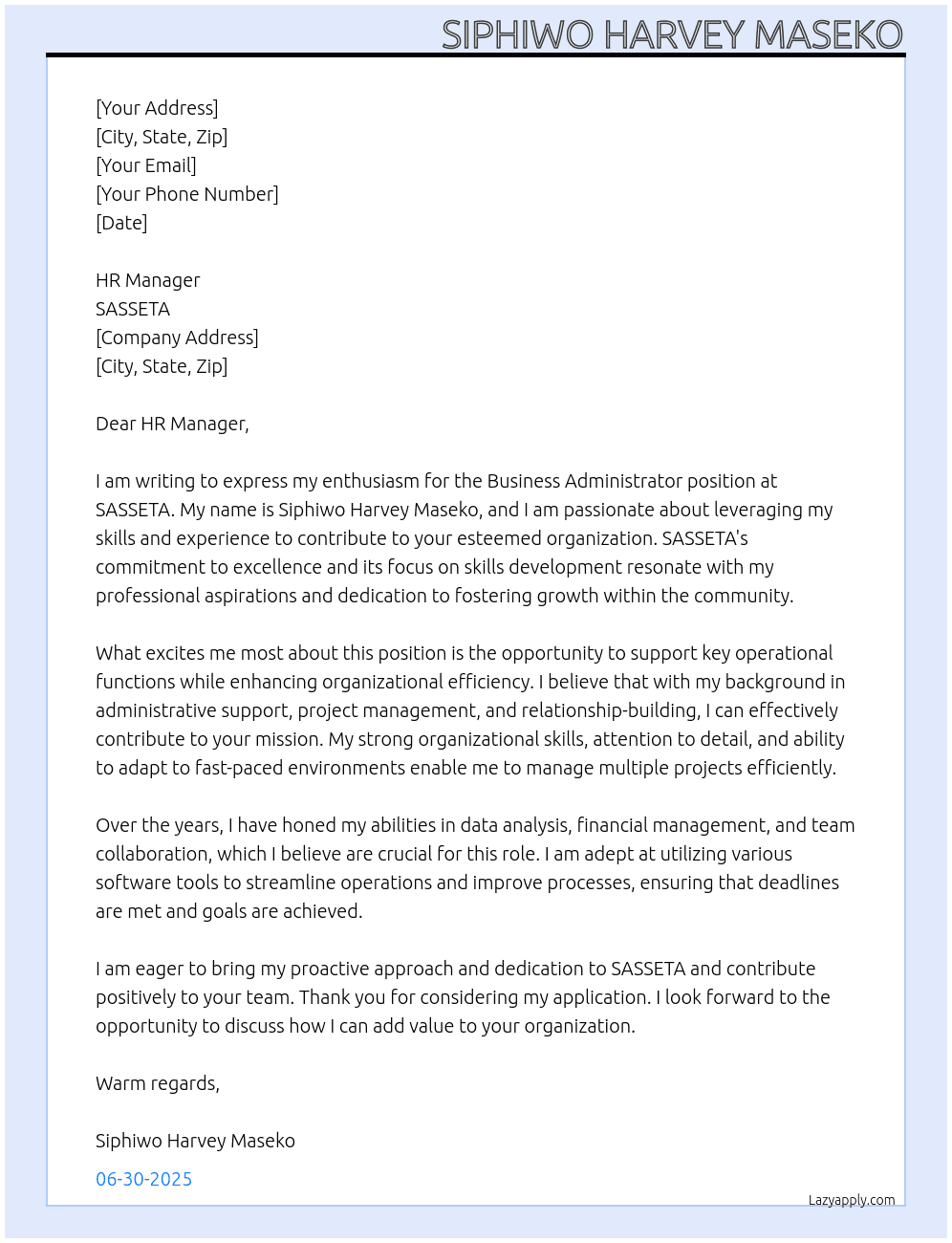 Business Administrator At SASSETA Cover Letter