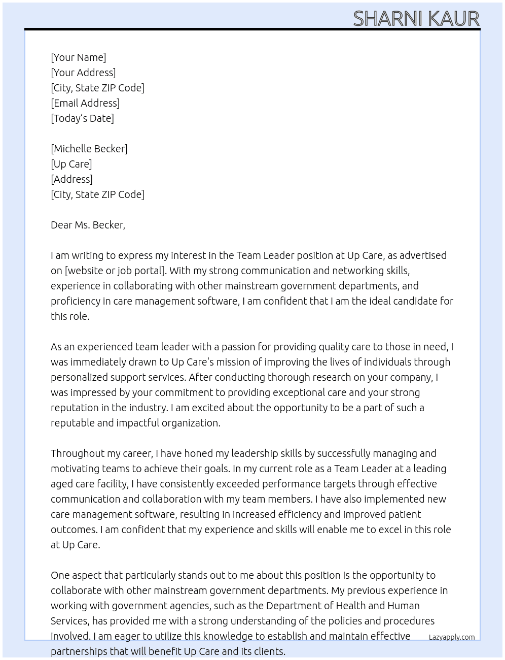 Team Leader  At Up Care Cover Letter