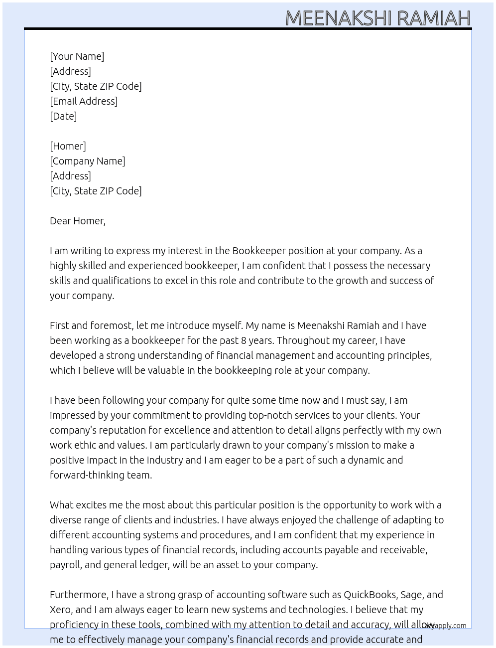 Bookkeeper At Homer Cover Letter
