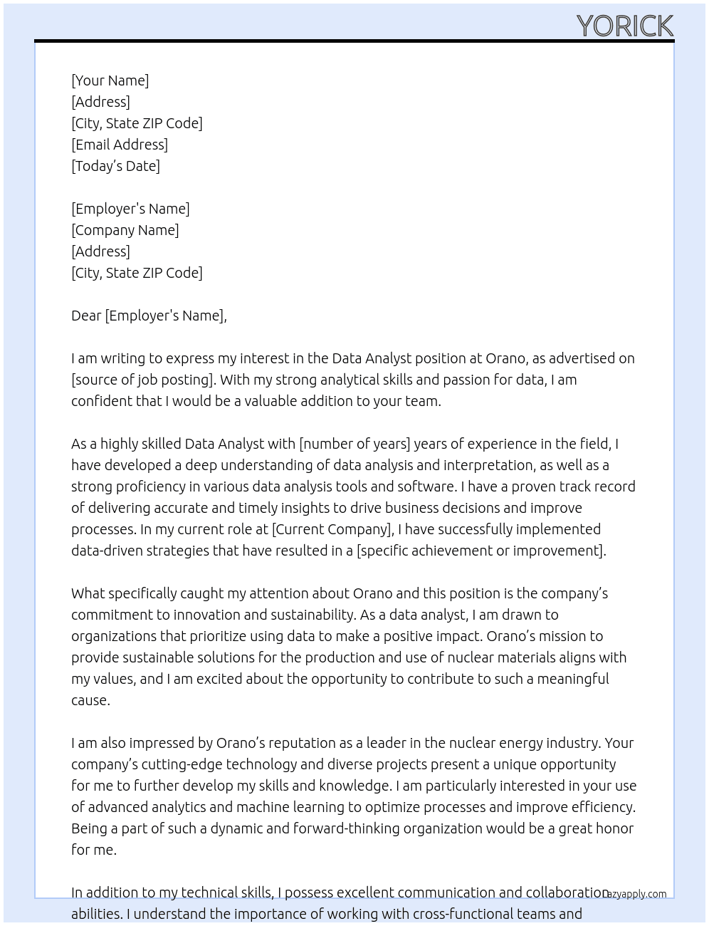 dat analyst At orano Cover Letter