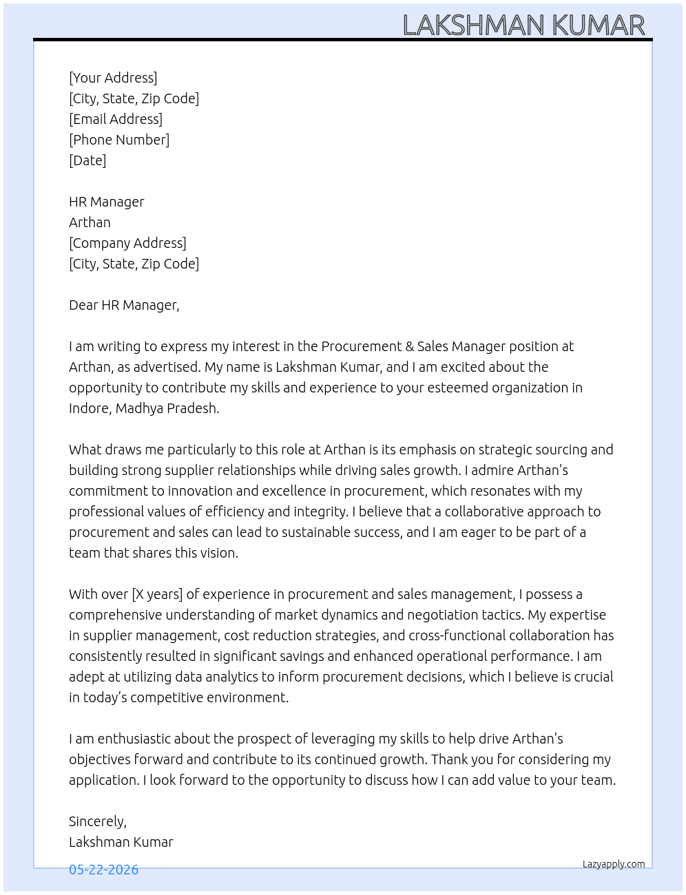 Procurement & sales manager  At Arthan  Cover Letter