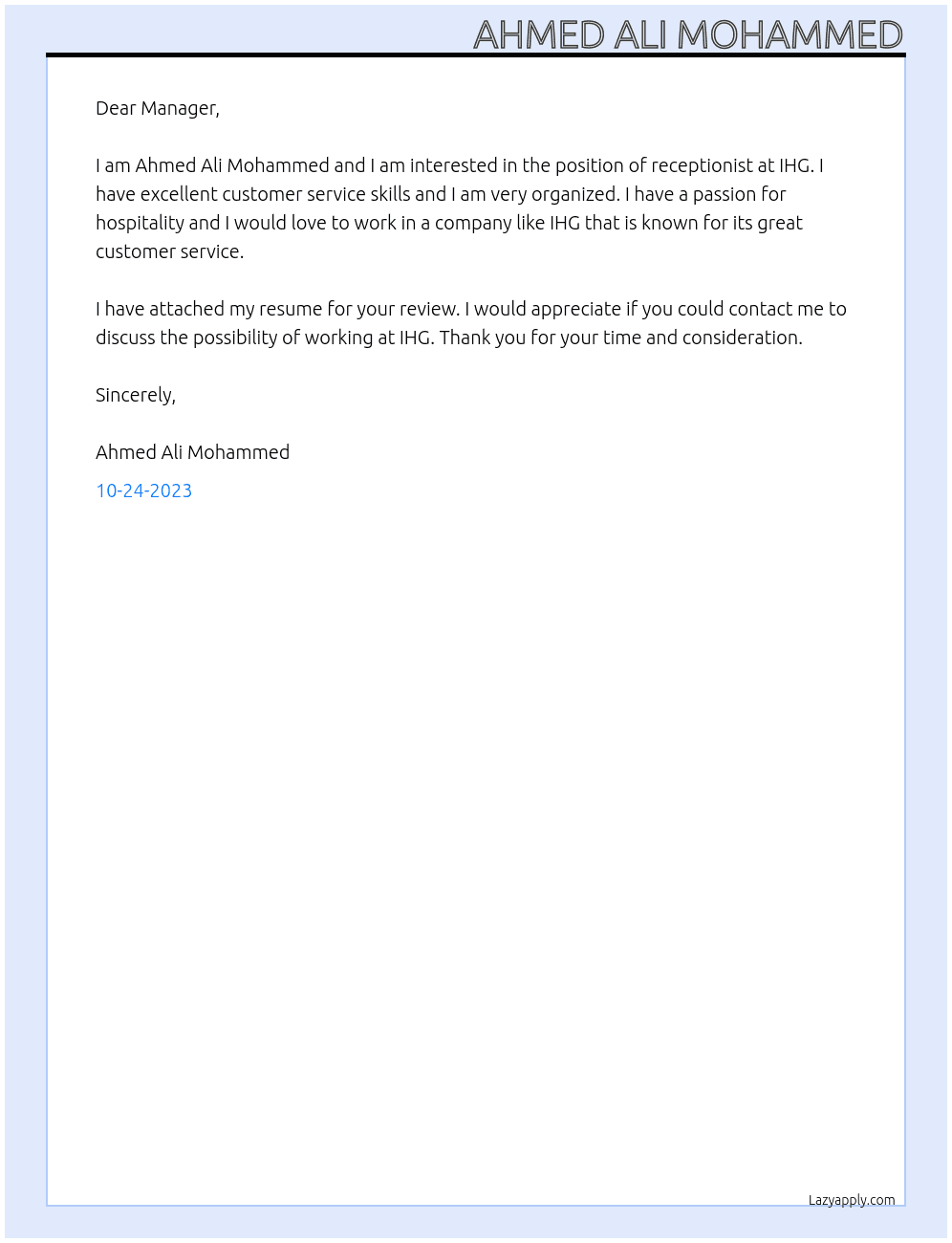 Receptionist At IHG Cover Letter