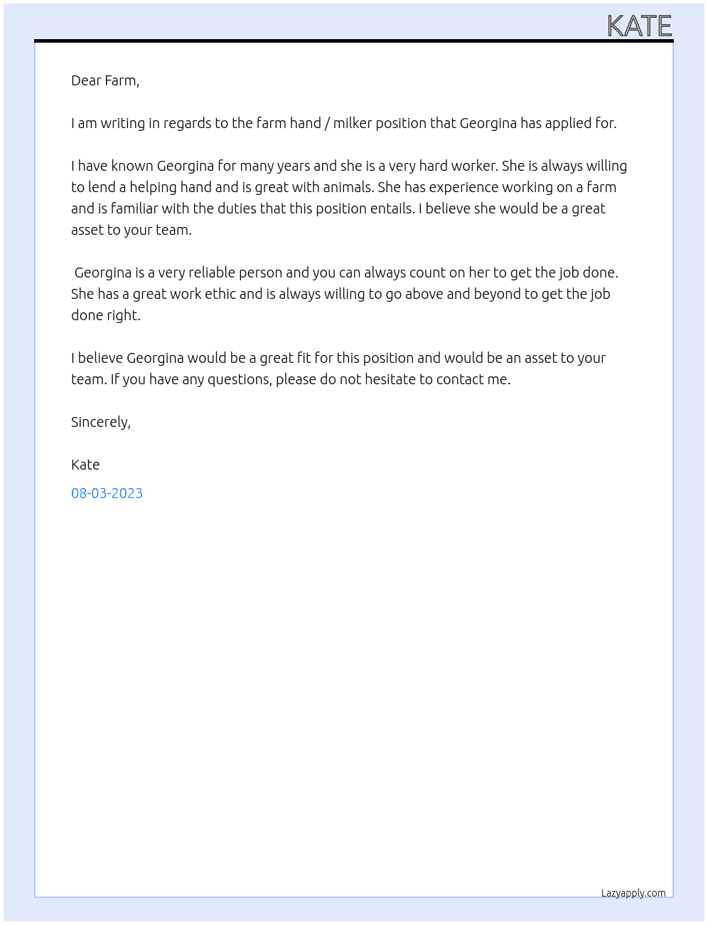 Farm hand / milker At Farm Cover Letter