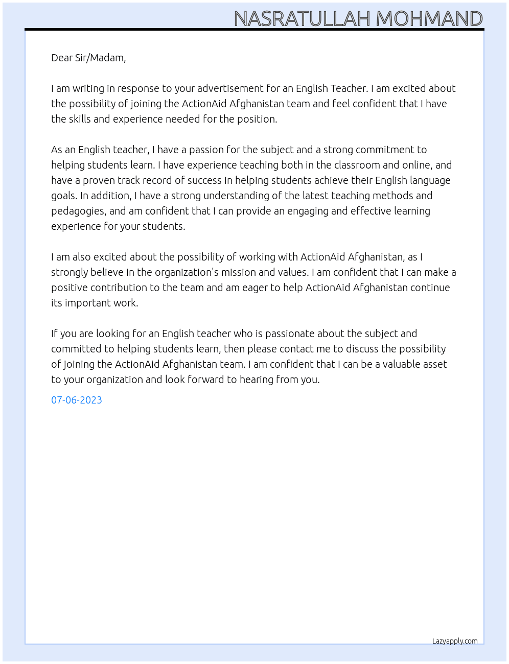 English Teacher At ActionAid Afghanistan Cover Letter