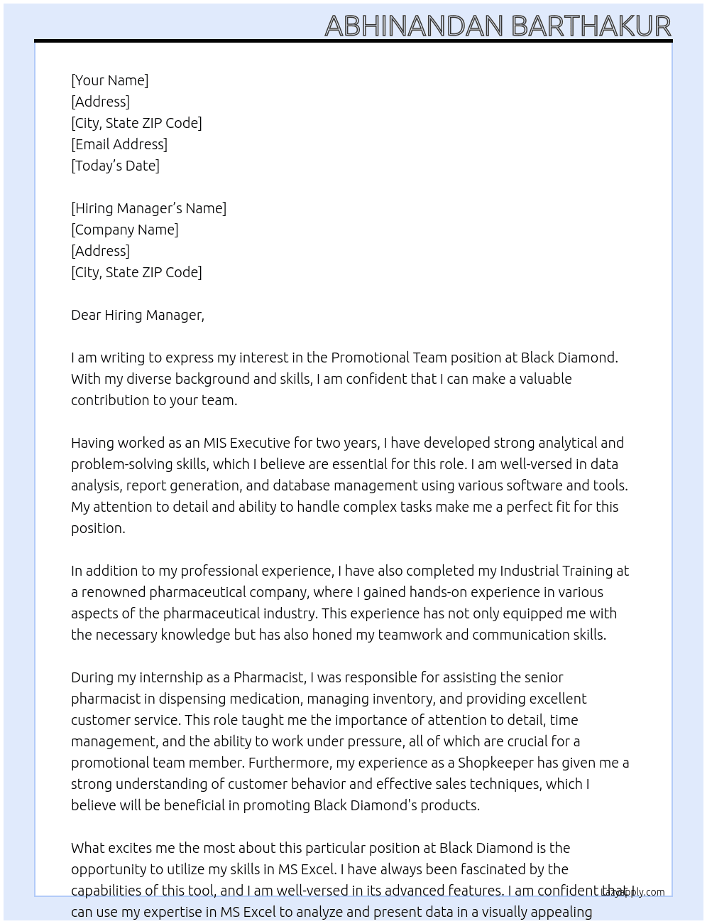 Promotional Team At Black Diamond Cover Letter