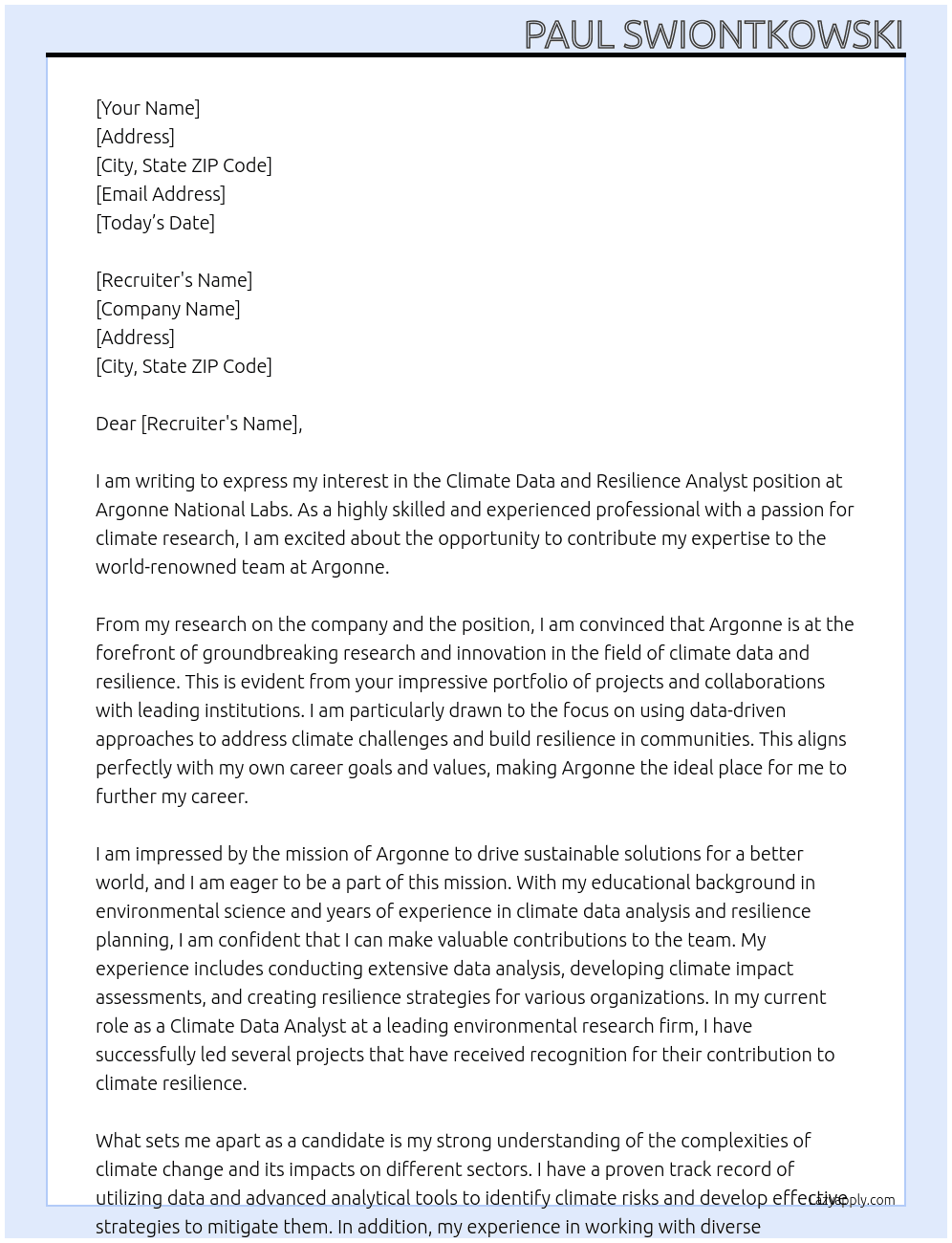 Climate Data and Resilience Analyst At Argonne National Labs Cover Letter