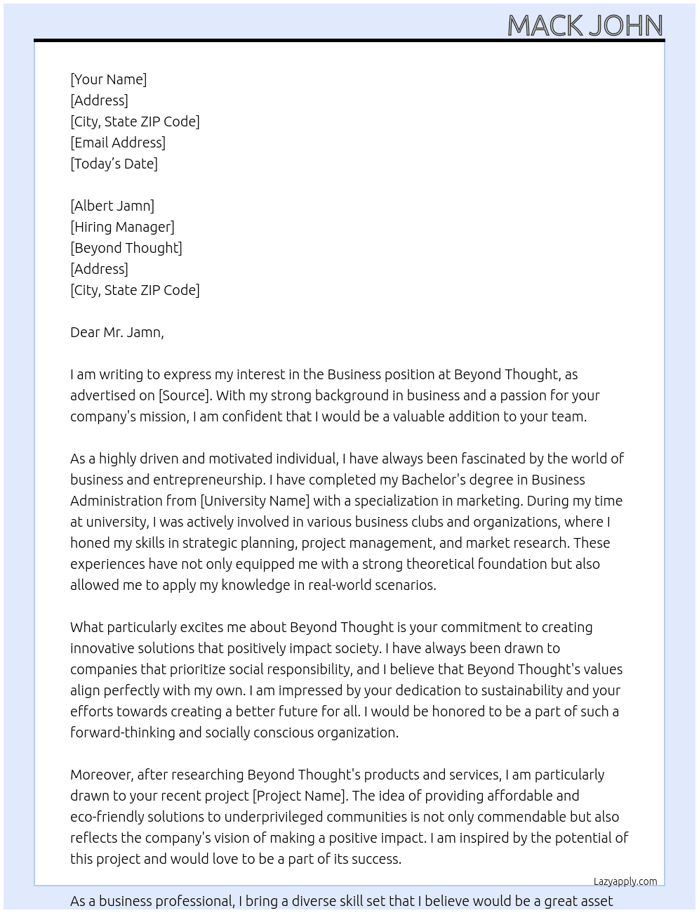 Business  At Beyond thought  Cover Letter