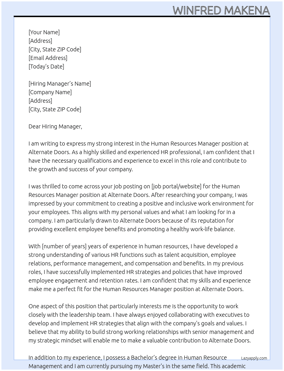 Human resources manager At Alternate dorrs Cover Letter