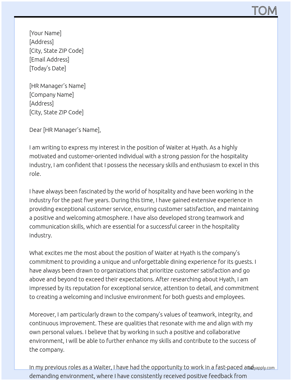 WAITER At HYATH Cover Letter