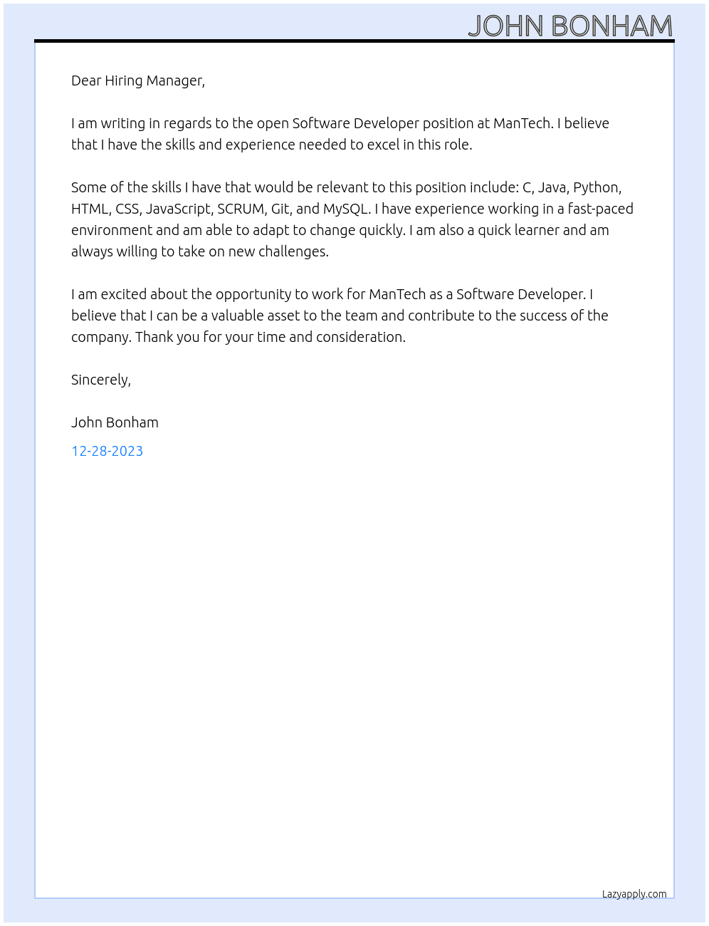 Software Developer At ManTech Cover Letter