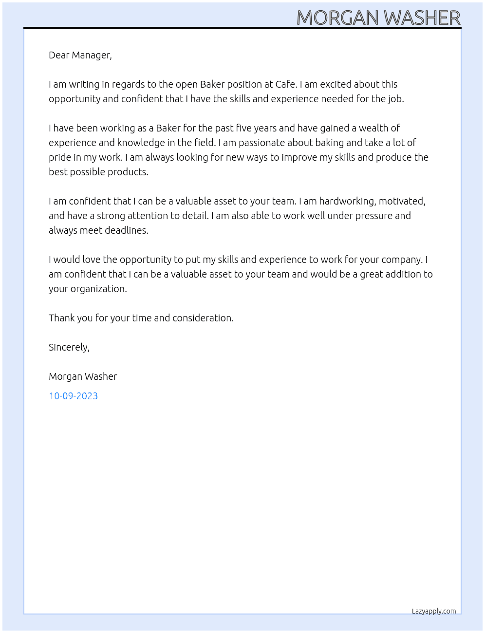 Baker At cafe Cover Letter
