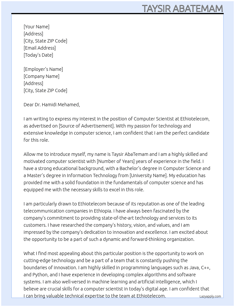 Computer scientist At Ethiotelecom Cover Letter
